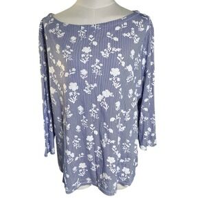 Charter Club 1X Blue White Stripe Floral Pima‎ Cotton Boatneck Top Preppy Chic C